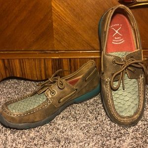 Twisted X turquoise fish scale bombers, size 7M